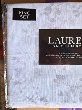 4-pc Ralph Lauren King Size Percale Cotton Sheet Set    Taupe Floral Cottage